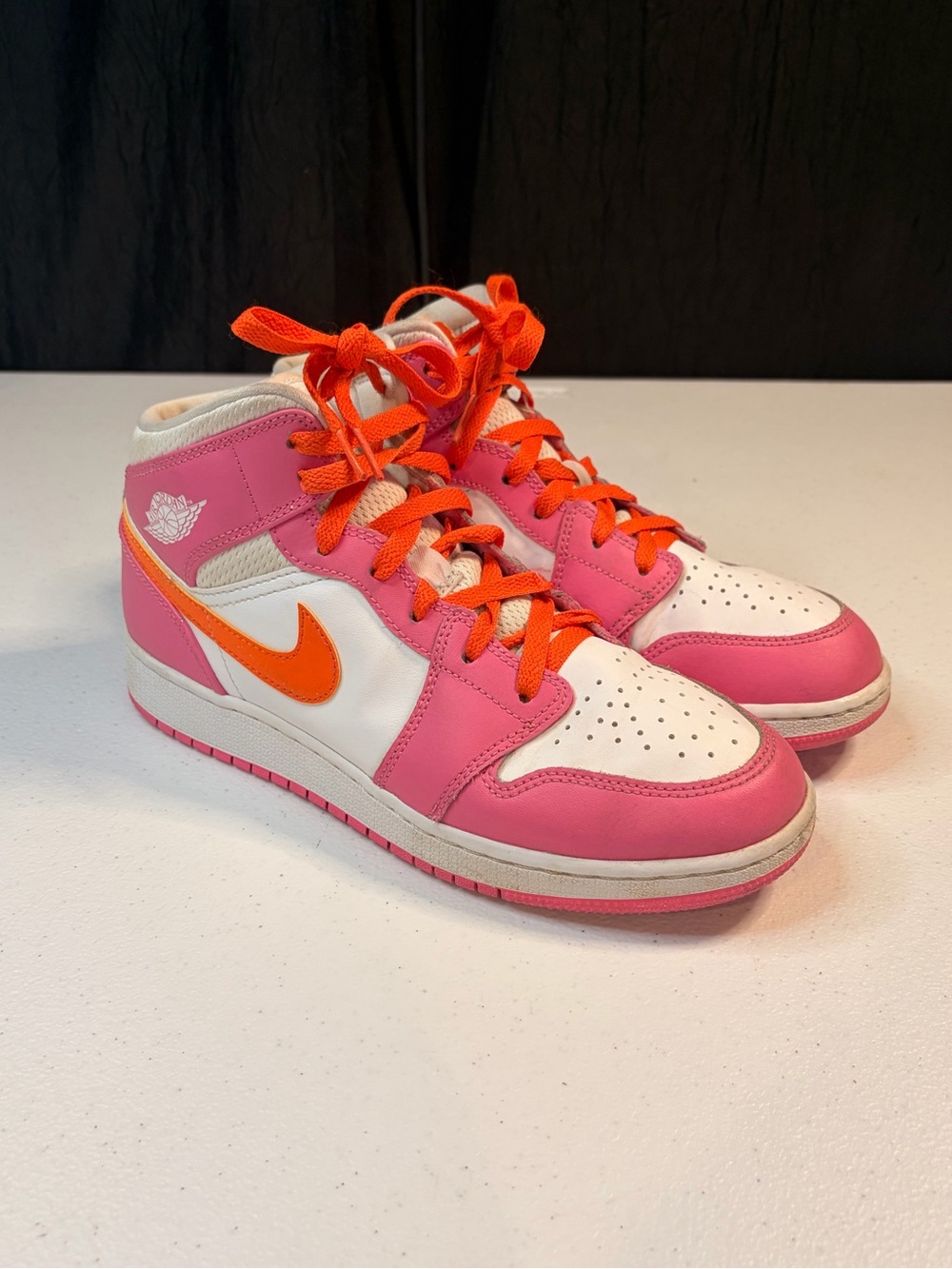 Nike Air Jordan 1 Mid Pink Orange White Sneakers Girl's Size 7Y